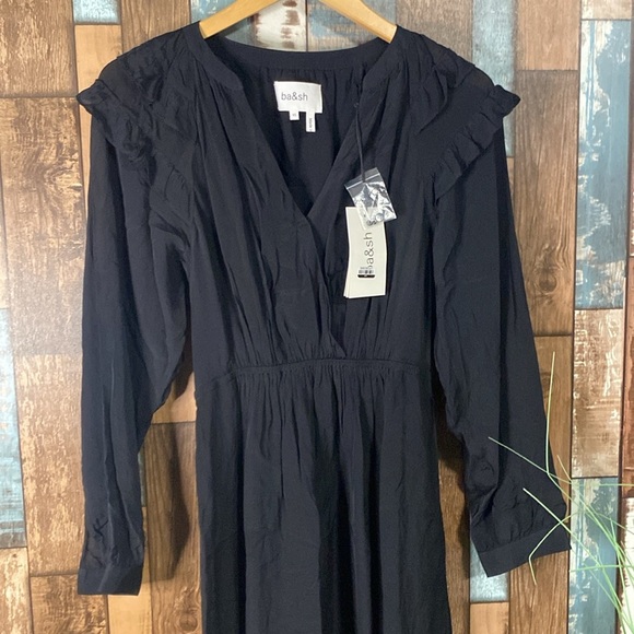 Ba&sh XS black long sleeve ruffle midi dress - Picture 2 of 16